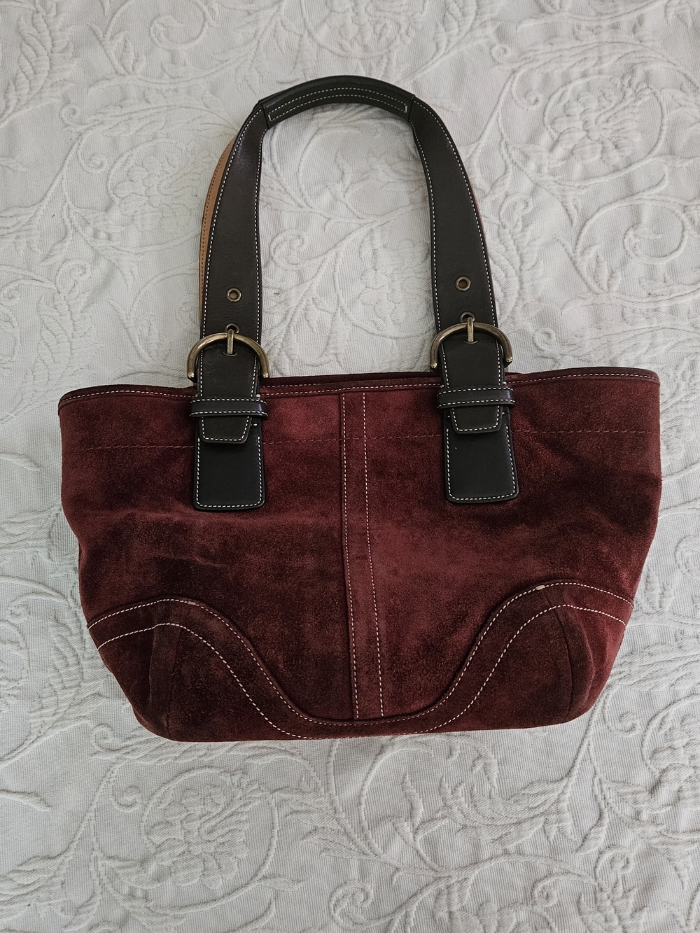 Coach Burgundy Suede Shoulder Bag with Dark Brown Straps - Picture 3 of 11